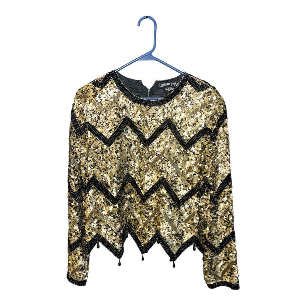 Vintage Carolyne Barton Night Black and Gold Sequin Chevron Beaded Top Size M
